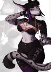  2022 5_fingers absurd_res anthro black_hair breasts clothed clothing digital_media_(artwork) ear_piercing ear_ring felid feline female fingers fur grey_body grey_fur hair hi_res looking_at_viewer mammal midriff navel piercing purple_eyes solo vexstacy 