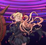  1girl black_bandages black_cape black_dress black_gloves black_tiara blonde_hair cape dark-skinned_female dark_skin dirndl dress earrings ereshkigal_(fate) ereshkigal_alter_(fate) fate/grand_order fate_(series) fur-trimmed_cape fur_trim german_clothes gloves hair_ribbon highres hoop_earrings jewelry kujiramaru long_hair long_sleeves looking_at_viewer parted_bangs ribbon solo tiara two_side_up 