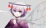  1boy facial_mark grey_hair halo high_collar highres index_finger_raised kitsunemiyoru lantern long_sleeves looking_at_viewer male_focus original purple_eyes short_hair smile solo thick_eyebrows wings 