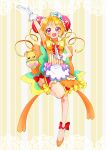  1girl absurdres arm_up back_bow bike_shorts blonde_hair bow brooch bun_cover china_dress chinese_clothes commentary cure_yum-yum delicious_party_precure doily dress flats frilled_dress frills full_body gloves hair_bun hanamichi_ran heart heart_brooch highres huge_bow jewelry leg_up looking_at_viewer magical_girl mem-mem_(precure) miisu_(minirose) open_mouth orange_bow orange_dress orange_footwear precure red_eyes short_dress short_hair shorts_under_dress sleeveless sleeveless_dress smile solo standing standing_on_one_leg triple_bun white_gloves yellow_background yellow_bow 