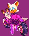 anthro bat biker blue_eyes boots breasts camel_toe clothing eyeliner female footwear genital_outline gloves handwear hi_res lipstick makeup mammal motorcycle netflix nipple_outline pussy_outline rouge_the_bat sega simple_background smile solo sonic_prime sonic_riders sonic_the_hedgehog_(series) sunk00_(artist) tight_clothing vehicle