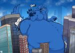 anthro awoogasm belly big_(disambiguation) big_belly blue_body building butt canid canine canis cheek_tuft city cracked_windows digital_media_(artwork) english_text facial_tuft fur hair hi_res macro male mammal onomatopoeia outside overweight property_damage solo sound_effects stuck text tuft vox_(awoogasm) wolf