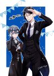  2024 2boys adjusting_eyewear age_difference badge black_hair black_jacket black_shirt blue_background blue_eyes blue_hair blue_necktie book border buttons ciel_phantomhive closed_mouth collared_shirt cosplay costume_switch cross cross_necklace dark_blue_hair expressionless glasses gloves halftone hand_up height_difference highres holding holding_book inset_border jacket jewelry kuroshitsuji looking_at_another looking_at_viewer male_focus multiple_boys necklace necktie official_alternate_costume open_clothes open_jacket outline purple_eyes round_eyewear sebastian_michaelis seto_(s_okome0203) shirt signature smile sparkle star_(symbol) string_of_flags white_border white_gloves white_outline 