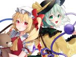  2girls :d ascot back-to-back black_hat blush bow commentary crossed_bangs crying eyelashes flandre_scarlet floating_hair frilled_shirt_collar frilled_sleeves frills green_eyes green_hair hair_between_eyes hand_up happy hat hat_bow highres holding holding_stuffed_toy komeiji_koishi long_sleeves looking_at_viewer looking_back medium_hair mob_cap multiple_girls open_mouth pointy_ears puffy_short_sleeves puffy_sleeves red_bow red_eyes red_vest shirt short_sleeves side_ponytail simple_background smile stuffed_animal stuffed_toy teddy_bear teeth third_eye touhou trait_connection tsurime upper_body upper_teeth_only usushio vest white_background white_hat white_shirt wide_sleeves wings yellow_ascot yellow_bow yellow_shirt 
