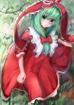  1girl bangs blush bow branch closed_mouth collarbone day dress eyebrows_visible_through_hair frilled_shirt_collar frills from_above front_ponytail full_body garaudon grass green_eyes green_hair hair_bow head_tilt highres kagiyama_hina leaf long_hair outdoors petticoat red_bow red_dress sleeves_past_elbows smile solo touhou 