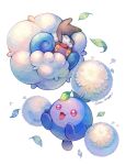  :3 blue_skin brown_eyes colored_skin haru_harugaya2 highres jumpluff leaf pokemon pokemon_(creature) red_eyes rotational_symmetry simple_background trait_connection twitter_username upside-down whimsicott white_background white_hair 