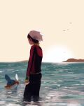  1boy arms_at_sides black_pants brendan_(pokemon) facing_away grey_sky jacket male_focus memi_(gamemix) mudkip ocean outdoors pants pokemon pokemon_(creature) pokemon_oras red_jacket short_hair simple_bird sky wading white_hat 