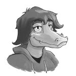 1:1 2024 anthro baryonyx black_and_white cavemanon_studios clothing dinosaur eyelashes female freckles hair hoodie i_wani_hug_that_gator looking_at_viewer monochrome olivia_halford raducu reptile scalie sharp_teeth short_hair sketch smile snout solo spinosaurid teeth theropod topwear