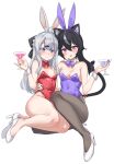  2girls absurdres animal_ear_fluff animal_ears aningay bare_shoulders bow braid breasts brown_pantyhose cat_ears cat_girl cat_tail closed_mouth cocktail_glass copyright_request cup cupping_glass drinking_glass fake_animal_ears grey_eyes grey_hair hair_ornament hairband hairclip heterochromia high_heels highres holding holding_cup leotard long_hair multiple_girls pantyhose parted_lips playboy_bunny purple_bow purple_eyes purple_hairband purple_leotard rabbit_ears red_bow red_eyes red_leotard shoes simple_background small_breasts smile solo strapless strapless_leotard tail very_long_hair white_background white_footwear 