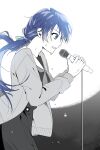  1girl 42_(42_aqrl) backlighting blue_eyes blue_hair blue_ribbon cardigan commentary_request dark_blue_hair dress from_side hair_ribbon hasu_no_sora_school_uniform highres holding holding_microphone_stand korean_commentary link!_like!_love_live! long_hair long_sleeves looking_ahead love_live! low_twintails microphone_stand mole mole_on_neck monochrome murano_sayaka music neckerchief open_cardigan open_clothes open_mouth pleated_dress ribbon sailor_collar sailor_dress school_uniform sidelocks singing solo spot_color sweat twintails virtual_youtuber winter_uniform 
