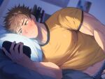  1boy bandaid bandaid_on_cheek bandaid_on_face bangs bara bed blush brown_eyes brown_hair closed_mouth hao_(haozz) holding holding_phone large_pectorals looking_at_phone lying male_focus muscular muscular_male on_bed on_side orange_shirt original pectorals phone pillow reward_available shirt short_hair solo 