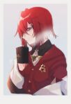  1girl ange_katrina bangs blue_eyes cardigan cup hair_between_eyes hair_ornament holding holding_cup jacket long_sleeves mug nijisanji profile red_cardigan red_hair rinto_(rint_rnt) sidelocks simple_background solo triangle_hair_ornament two-tone_background upper_body virtual_youtuber 