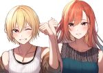  2girls arisugawa_natsuha black_eyes blonde_hair blush breasts brown_jacket collarbone grin hair_between_eyes highres idolmaster idolmaster_shiny_colors jacket jewelry large_breasts long_hair looking_at_viewer multiple_girls one_eye_closed orange_hair pendant purple_eyes saijo_juri shinaritu short_hair short_sleeves simple_background smile tank_top teeth upper_body white_background white_tank_top 