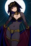 1girl akairiot black_eyes black_hair bodystocking breasts cape cape_removed cleavage closed_mouth covered_navel fire_emblem fire_emblem_awakening full_moon gold gold_bracelet head_tilt highres jewelry large_breasts long_hair looking_at_viewer moon neck_ring night night_sky pelvic_curtain skin_tight sky smile solo tharja_(fire_emblem) thighlet tiara two_side_up 