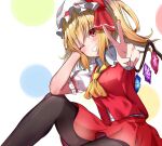 1girl :d ascot bangs blonde_hair blush bow breasts crystal eyebrows_visible_through_hair feet_out_of_frame flandre_scarlet foreshortening garaudon grin hair_bow hand_on_own_cheek hand_on_own_face hand_up hat knee_up long_hair looking_at_viewer medium_breasts mob_cap one_side_up pantyhose puffy_short_sleeves puffy_sleeves red_bow red_eyes red_skirt red_vest short_sleeves simple_background sitting skirt smile solo touhou v vest white_background white_headwear wing_collar wings yellow_ascot 