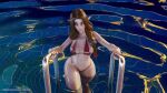 3d_(artwork) abrakabadarka big_breasts braided_hair breasts brown_hair clothing digital_media_(artwork) elf eyelashes female hair hi-rez_studios hi_res humanoid humanoid_pointy_ears long_hair looking_at_viewer navel orange_eyes paladins_(game) partially_submerged pool red_clothing red_sclera red_swimwear smile solo standing_in_water swimwear tan_body tan_skin thick_thighs vora_(paladins) wide_hips