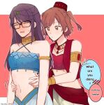  2girls aijou_karen bare_shoulders blue_tube_top blush brown_eyes brown_hair closed_eyes closed_mouth commentary english_commentary english_text glasses harem_outfit haruka_3442 highres hoshimi_junna long_hair midriff multiple_girls navel open_mouth pink_background purple_hair red_hat red_tube_top shoujo_kageki_revue_starlight speech_bubble strapless sweatdrop tube_top two-tone_background two_side_up upper_body white_background yuri 