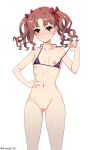  1girl absurdres artist_name ass_visible_through_thighs bikini black_bikini blush bottomless bow breasts brown_eyes brown_hair collarbone commission cowboy_shot hair_bow hand_on_own_stomach hand_up highres holding_strap long_hair navel nipple_slip nipples pixiv_commission pussy red_hair roswell_ss shiny_skin shirai_kuroko simple_background small_breasts smile solo standing swimsuit toaru_kagaku_no_railgun toaru_majutsu_no_index twintails white_background 