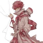  1boy akiyo_(lifetimes) animal_hat arm_ribbon asymmetrical_clothes bandaged_arm bandages closed_eyes coat collared_coat curtain_grab curtains from_side fukase hair_behind_ear hat headset neck_ribbon no_mouth point_(vocaloid) red_hair red_ribbon red_skirt ribbon short_hair skirt sleeves_past_elbows solo top_hat upper_body vocaloid white_background white_coat 