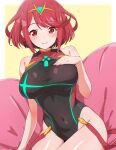  1girl black_one-piece_swimsuit breasts chest_jewel closed_mouth commentary_request covered_navel hand_on_own_chest headpiece highres kamidan large_breasts looking_at_viewer one-piece_swimsuit pyra_(pro_swimmer)_(xenoblade) pyra_(xenoblade) red_eyes red_hair short_hair simple_background smile solo swept_bangs swimsuit thighs xenoblade_chronicles_(series) xenoblade_chronicles_2 yellow_background 