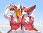  2022 absurd_res anthro blue_eyes breasts clothed clothing day detailed_background digital_media_(artwork) duo female fish hi_res marine non-mammal_breasts outside reptile scalie shark sky snake spuydjeks 