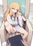  1girl absurdres anklet barefoot blonde_hair book book_stack bracelet brooch collarbone commentary_request earrings elf hair_tubes hanten_(hantennano) highres jewelry knee_up long_hair musical_note orange_eyes pointy_ears pov pov_hands robe serie_(sousou_no_frieren) shorts sidelocks sitting solo_focus sousou_no_frieren speech_bubble spoken_musical_note spoken_squiggle squiggle throne very_long_hair white_robe white_shorts wide_sleeves 
