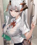  1girl alternate_costume arknights black_skirt breasts commentary grey_hair hand_up horns index_finger_raised indoors large_breasts long_hair mikuning neck_ribbon open_mouth orange_eyes red_ribbon ribbon saria_(arknights) shirt skirt solo upper_body very_long_hair white_shirt 