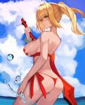  1girl aestus_estus ahoge ass back bare_shoulders beach bead_bracelet beads bikini blonde_hair blue_sky bracelet breasts fate/grand_order fate_(series) genshu_doki green_eyes hair_intakes highres holding holding_sword holding_weapon jewelry large_breasts long_hair looking_at_viewer looking_back nero_claudius_(fate) nero_claudius_(swimsuit_caster)_(fate) red_bikini sideboob sky smile solo striped_bikini striped_clothes swimsuit sword thighs twintails water weapon 