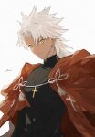 1boy amakusa_shirou_(fate) cape cross cross_necklace cross_print dark-skinned_male dark_skin earrings elaine-didaea fate/grand_order fate_(series) highres jewelry jinbaori long_hair long_sleeves looking_at_viewer male_focus necklace priest red_cape short_hair smile stole white_hair yellow_eyes 