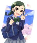  1girl bag blue_jacket blue_sky blush bow bowtie braid breasts brown_eyes cherry_blossoms cloud dated dot_nose falling_petals green_bow green_bowtie green_hair grey_skirt hair_ornament hair_tie hairclip hands_up holding_strap idolmaster idolmaster_cinderella_girls idolmaster_cinderella_girls_starlight_stage jacket long_hair long_sleeves looking_at_viewer open_mouth petals pleated_skirt school_bag school_uniform shirt shuto_aoi skirt sky small_breasts smile solo tanakamiso teeth upper_teeth_only v white_shirt 