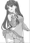  1girl :p asueli_ex clothing_cutout commentary_request cowboy_shot drawstring fujishima_megumi greyscale hand_up highres hood hoodie link!_like!_love_live! long_hair long_sleeves looking_to_the_side love_live! miniskirt monochrome pleated_skirt shoulder_cutout sideways_glance simple_background skirt solo thigh_gap thighhighs tongue tongue_out two_side_up virtual_youtuber white_background wind wind_lift 