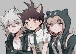  1girl 2boys :3 ahoge animal_ears badge black_jacket blush breast_pocket breasts brown_eyes brown_hair cat_boy cat_ears cat_girl cat_tail collared_shirt danganronpa_(series) danganronpa_2:_goodbye_despair frown galaga gradient_background green_necktie grey_background grey_hair hair_between_eyes hinata_hajime hood hood_up ikemen&#039;na_ore-shi jacket komaeda_nagito large_breasts medium_hair multiple_boys nanami_chiaki necktie open_clothes open_jacket pink_bag pink_eyes pocket shirt short_sleeves smile tail upper_body 