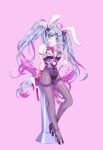  1girl :q absurdres ahoge animal_ears arm_belt bare_shoulders blue_eyes blue_hair blush bow breasts card chest_harness clothing_cutout colored_inner_hair cuffs cutout_above_navel fake_animal_ears fishnet_pantyhose fishnets gganmaneul hair_bow hair_ornament hairband handcuffs harness hatsune_miku heart_cutout high_heels highres leotard light_blue_hair long_hair looking_at_viewer medium_breasts multicolored_hair pantyhose pink_background pink_hair pink_pupils playboy_bunny playing_card purple_hair purple_leotard rabbit_ears rabbit_hole_(vocaloid) ribbon simple_background smile solo stomach_cutout streaked_hair teardrop_facial_mark thigh_strap tongue tongue_out twintails very_long_hair vocaloid x_hair_ornament 