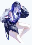  1girl black_hair black_jacket blue_hair from_side fur-trimmed_jacket fur_trim glasses grey_background hand_on_own_head highres ichinose_uruha jacket legs long_hair looking_at_viewer lupinus_virtual_games minto_(minto_rururu) multicolored_hair open_clothes open_jacket open_mouth purple_eyes shirt simple_background sleeveless sleeveless_shirt solo thighs virtual_youtuber vspo! white_shirt 