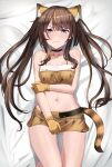  1girl animal_ears bare_shoulders black_choker blue_eyes blush brown_hair choker commission from_above gloves highres idol_corp long_hair looking_at_viewer lying m.a.o navel on_back on_bed roca_rourin_(vtuber) second-party_source solo stomach tail tiger_ears tiger_tail twintails virtual_youtuber yellow_gloves 