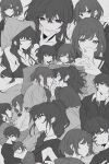  1boy 2girls asahina_mafuyu blush bra cellphone closed_eyes closed_mouth collared_shirt commentary covering_another&#039;s_mouth genderswap genderswap_(ftm) greyscale hand_over_another&#039;s_mouth highres holding holding_phone kaeshi_(yuukaeshi) long_hair looking_at_another looking_at_viewer lying medium_hair monochrome multiple_girls multiple_views on_back on_side one_eye_closed open_mouth parted_lips phone pillow ponytail project_sekai sailor_collar shinonome_ena shirt smartphone smile underwear undressing v_over_mouth yuri 