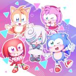  2girls 3boys abstract_background amy_rose aqua_eyes blue_eyes chibi commentary highres hoshinekirakira knuckles_the_echidna multiple_boys multiple_girls one_eye_closed open_mouth purple_eyes sage_(sonic) smile sonic_(series) sonic_frontiers sonic_the_hedgehog spoilers tails_(sonic) white_hair 