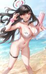  1girl absurdres bare_shoulders beach bikini black_hair blue_archive blue_sky blush breasts choker cleavage collarbone gun hair_ornament hairclip halo highres hua-j large_breasts long_hair looking_at_viewer navel open_mouth red_eyes rio_(blue_archive) shore sky smile solo swimsuit thigh_strap thighs weapon white_bikini 