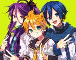  3boys blonde_hair folded_fan folding_fan green_background green_eyes grin hand_fan headphones headset holding holding_fan kagamine_len kaho_0102 kaito_(vocaloid) kamui_gakupo locked_arms long_hair looking_at_viewer male_focus multiple_boys nail_polish necktie open_mouth ponytail purple_eyes purple_hair sailor_collar scarf short_sleeves smile upper_body v vocaloid 