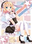  1girl :o aqua_eyes between_legs black_footwear black_skirt blonde_hair collared_shirt dress_shirt fleur_de_lapin_uniform frilled_skirt frills full_body gochuumon_wa_usagi_desu_ka? hand_between_legs high-waist_skirt highres invisible_chair kirima_syaro kohakugin long_hair looking_at_viewer maid_headdress miniskirt open_mouth shirt short_sleeves sitting skirt solo thighhighs white_shirt white_thighhighs wing_collar wrist_cuffs zettai_ryouiki 