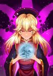  1girl absurdres blonde_hair closed_mouth commentary english_commentary hair_flaps headdress highres junko_(touhou) long_hair long_sleeves looking_at_viewer red_eyes smacphadraig solo tabard tassel touhou upper_body wide_sleeves 