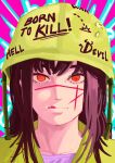  1girl absurdres black_hair chainsaw_man combat_helmet cross_scar full_metal_jacket goldenpenhd hat helmet highres long_hair m1_helmet military parody ringed_eyes scar scar_on_face solo uniform yoru_(chainsaw_man) 