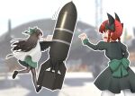  &gt;_&lt; 2girls :d absurdres animal_ear_fluff animal_ears back_bow bird_wings black_bow black_footwear black_hair black_legwear black_wings blurry blurry_background bow braid cape cat_ears cowboy_shot dress extra_ears feathered_wings from_behind full_body green_bow green_dress hair_bow highres ju87r_(tvp1178) juliet_sleeves kaenbyou_rin long_hair long_sleeves looking_at_another multiple_girls nuclear_weapon open_mouth outline outstretched_arms pantyhose pleated_skirt pointy_ears profile puffy_short_sleeves puffy_sleeves pushing red_eyes red_hair reiuji_utsuho sanpaku short_sleeves sideways_mouth skirt smile teeth touhou twin_braids twintails upper_teeth very_long_hair white_cape white_legwear white_outline wings xd 
