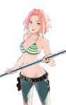  1girl :d bare_arms belt bikini bikini_top_only black_belt blue_pants bracelet breasts cleavage collarbone cosplay cowboy_shot green_bikini green_eyes groin hair_intakes haruno_sakura holding holding_polearm holding_weapon jewelry lowleg lowleg_pants medium_breasts medium_hair nami_(one_piece) nami_(one_piece)_(cosplay) naruto_(series) naruto_shippuuden navel one_piece open_mouth pants pink_hair polearm simple_background smile solo standing straight_hair striped_bikini striped_clothes swimsuit tic_paint weapon white_background 