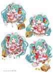  1girl animal_ears apron arm_up bell blue_eyes blue_hair bow bowtie cat cat_ears cat_tail coin ema gold hair_bow hatsune_miku heterochromia highres japanese_clothes jingle_bell kimono koban_(gold) long_hair long_sleeves maneki-neko maneki_miku multiple_views neck_bell open_mouth paw_pose paw_print rassie_s red_apron red_bow red_bowtie sandals simple_background smile socks spring_onion suitcase tabi tail twintails very_long_hair vocaloid white_background white_kimono white_socks wide_sleeves 