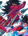  black_hair blue_eyes blue_sash blue_wristband closed_mouth dougi dragon_ball dragon_ball_heroes dragon_ball_super dual_persona fighting long_hair male_focus monkey_boy monkey_tail multiple_boys muscular muscular_male ommmyoh pants red_fur saiyan sash son_goku son_goku_(xeno) spiked_hair super_saiyan super_saiyan_4 tail time_patrol_(dragon_ball) twitter_username ultra_instinct 