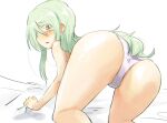  1girl all_fours anzai_romi ass bangs bed_sheet blush commentary eyebrows_visible_through_hair eyes_visible_through_hair from_behind girls_und_panzer green_hair jinguu_(4839ms) long_hair looking_at_viewer looking_back on_bed open_mouth panties red_eyes solo underwear white_background white_panties 
