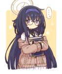  ... 1girl bags_under_eyes black_hair black_sweater blue_archive blue_eyes blue_hairband blue_ribbon book cardigan closed_mouth commentary glasses hair_ribbon hairband halo holding holding_book long_hair looking_at_viewer low_twintails off_shoulder onyhakase pleated_skirt ribbon round_eyewear sailor_collar school_uniform serafuku shirt skirt solo speech_bubble spoken_ellipsis sweater turtleneck turtleneck_sweater twintails ui_(blue_archive) upper_body very_long_hair white_sailor_collar white_serafuku white_shirt white_skirt 