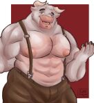 abs anthro asterion_(minotaur_hotel) belly biceps bottomwear bovid bovine breasts bulge clothing european_mythology fur greek_mythology hi_res horn kumasaturn2 looking_at_viewer male mammal minotaur minotaur_hotel musclegut muscular muscular_anthro muscular_male mythology nipples pants pecs shaded simple_background simple_shading slightly_chubby slightly_chubby_anthro slightly_chubby_male smile solo suspenders white_body white_fur