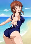  1girl amagami ass beach blue_one-piece_swimsuit breasts brown_eyes brown_hair cowboy_shot day from_behind highres horizon large_breasts looking_at_viewer looking_back ocean one-piece_swimsuit open_mouth outdoors outstretched_arms sakurai_rihoko school_swimsuit solo spread_arms swimsuit yuuyuu_(3jjbn) 